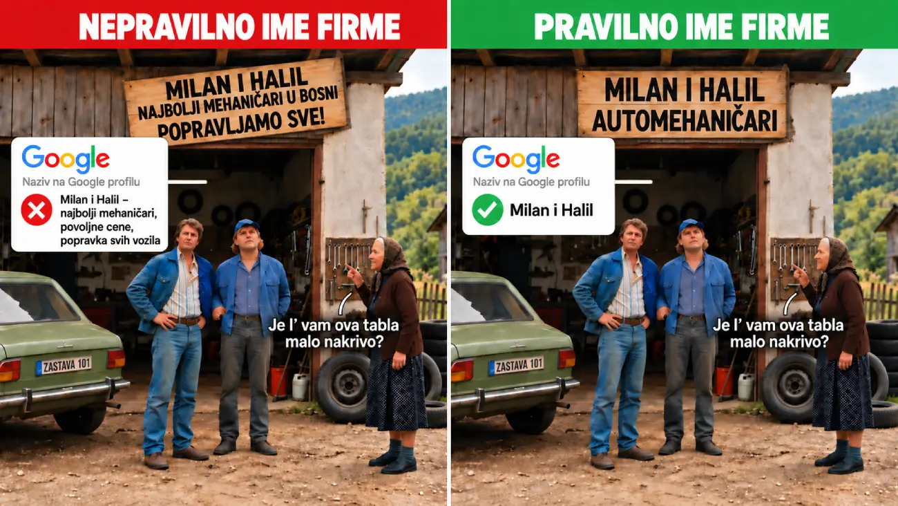 Pravilan i nepravilan naziv firme na Google Business profilu uz ilustraciju majstora koji postavljaju nakrivljenu tablu auto-servisa.